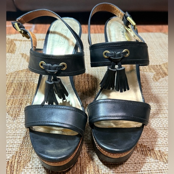 Coach Giulietta Black and Tan Tassel leather 
Wedges, size 9.5 STYLISH!! Sandal
